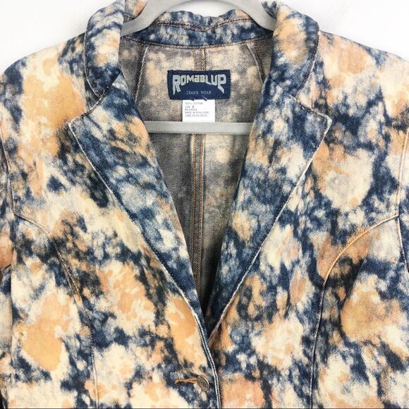 ROMABLUE Vintage Look Bleach Tie Dye Denim Jacket Blue Orange Women’s Size Large - Picture 4 of 13